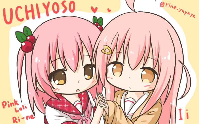 2girls, :o, ahoge, bangs, blush, borrowed_character, brown_background, brown_eyes