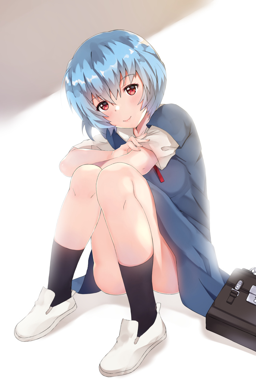 1girl, absurdres, arm_on_knee, ayanami_rei, bag, black_legwear, blue_dress, blue_hair