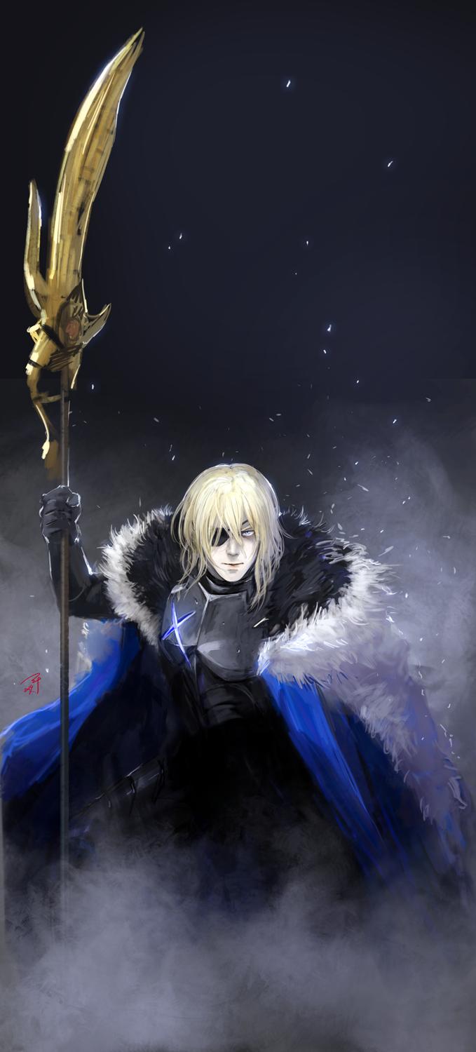 1boy, armor, blonde_hair, blue_cape, cape, closed_mouth, dimitri_alexandre_bladud_(fire_emblem), eyepatch