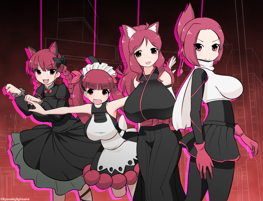 4girls, :3, animal_ears, arms_behind_back, bangs, black_bow, black_dress, blunt_bangs