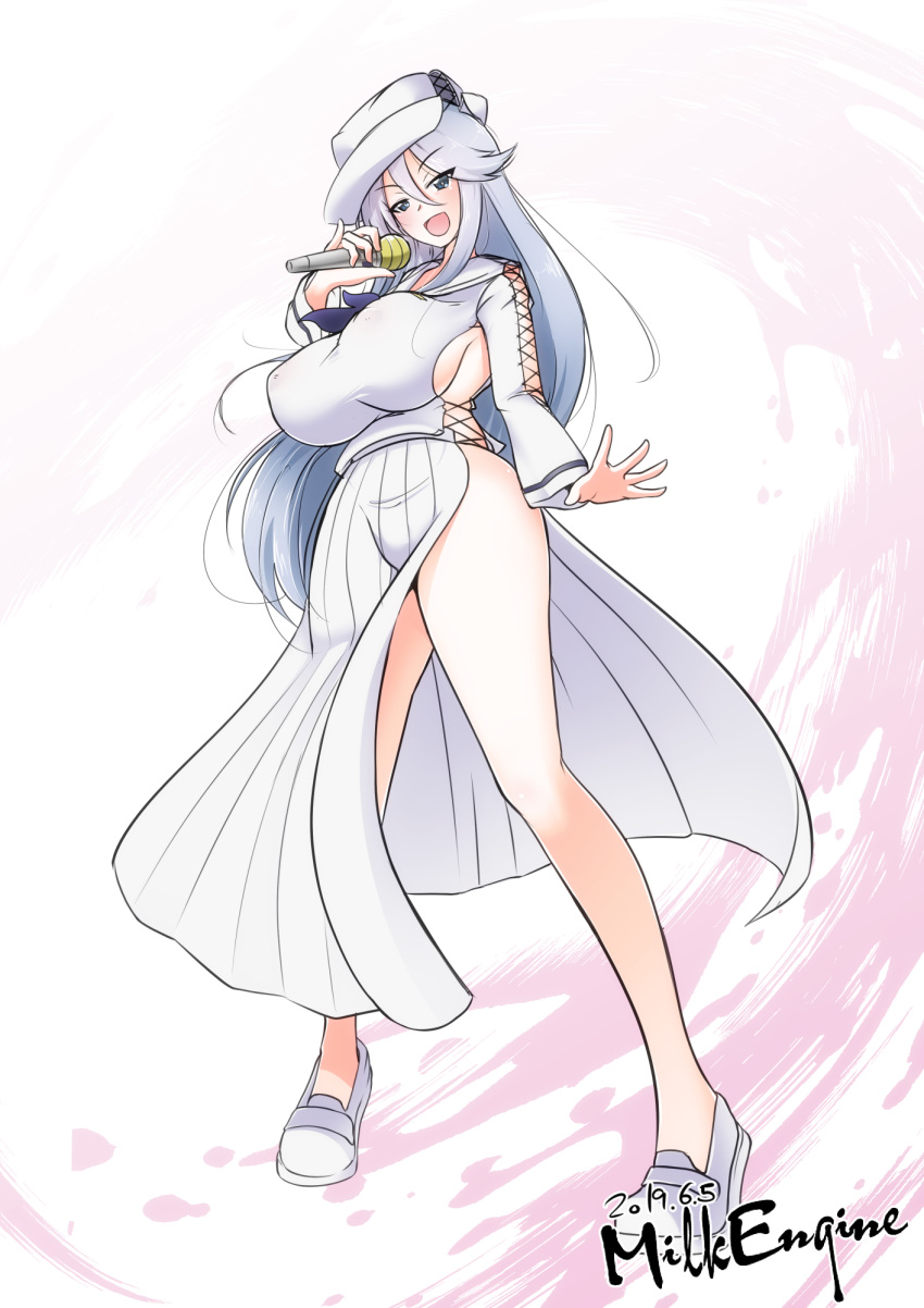 1girl, adapted_costume, artist_name, bangs, blouse, blue_eyes, breasts, commentary_request