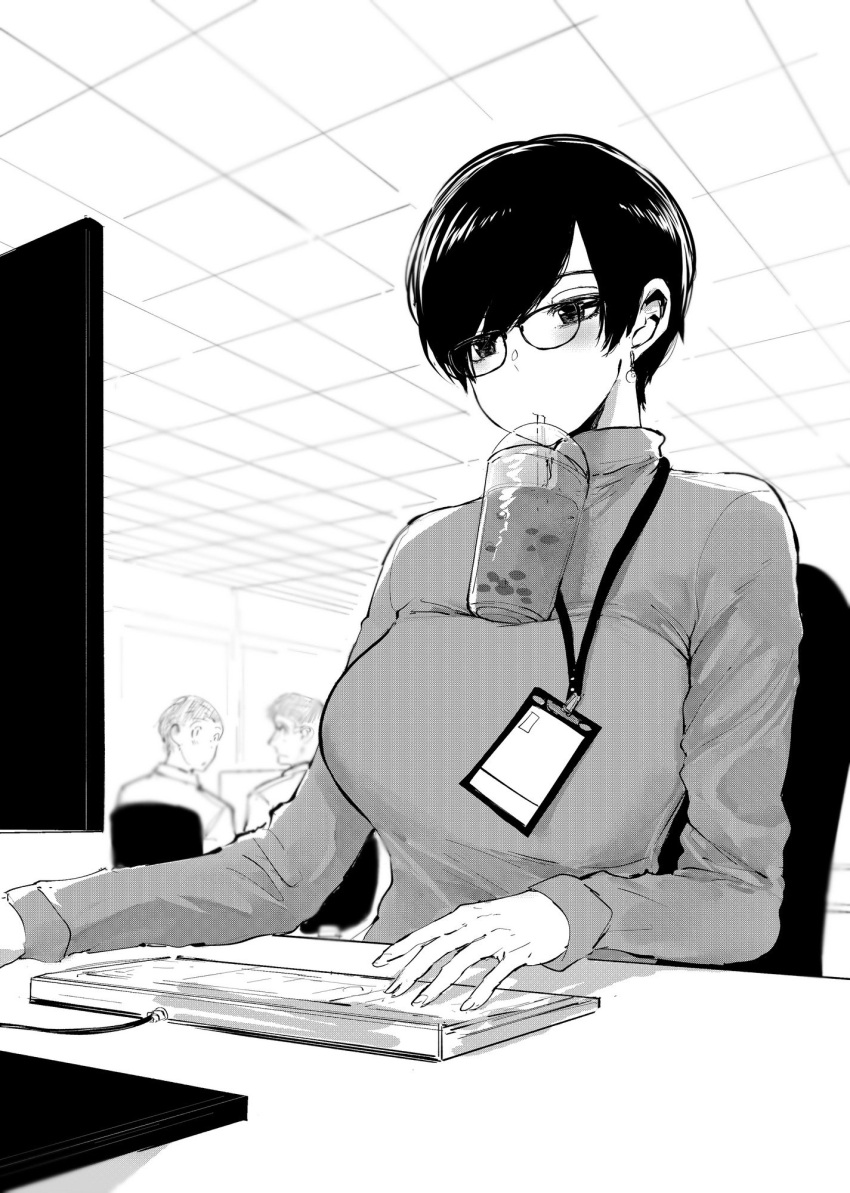 1girl, badge, bangs, black_hair, breasts, desk, drinking, drinking_straw