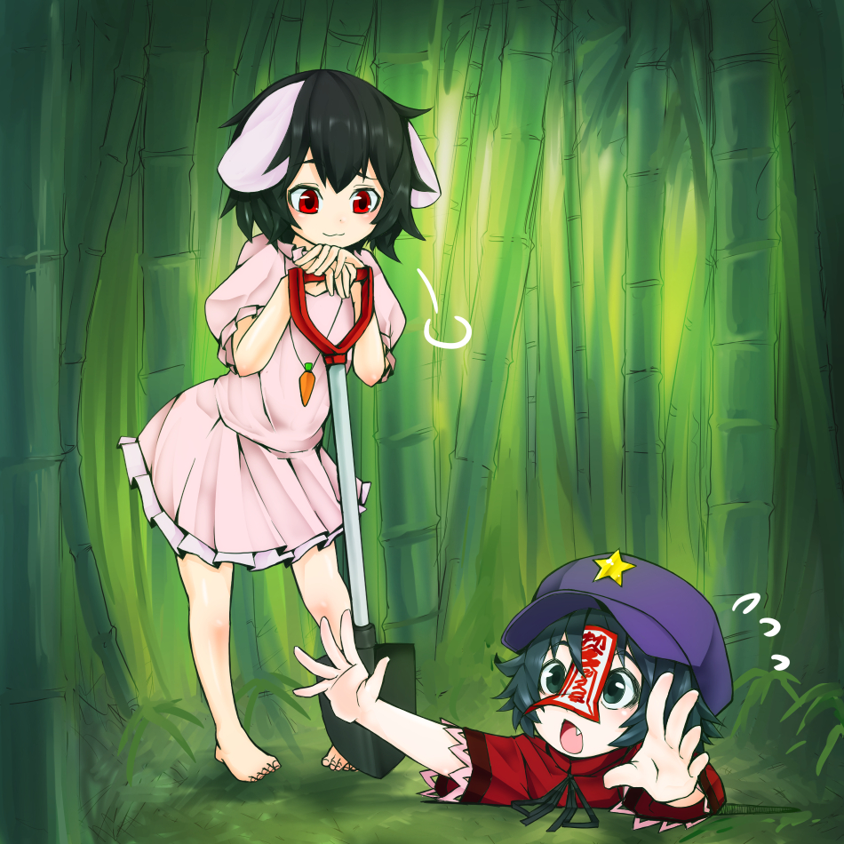 2girls, :3, =3, animal_ears, arms_up, bamboo, bare_arms, bare_legs