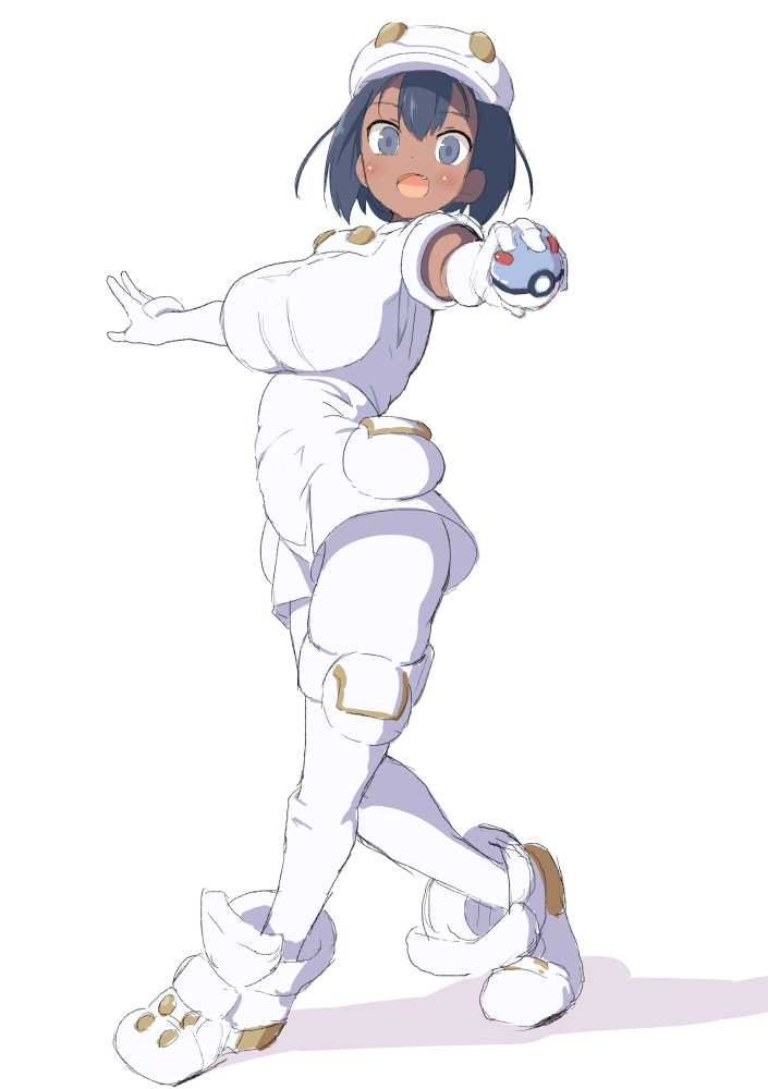 1girl, aether_foundation_employee, aether_foundation_uniform, black_eyes, black_hair, breasts, cabbie_hat, dark_skin, full_body, gloves, great_ball, hat, holding, holding_poke_ball, large_breasts, open_mouth, poke_ball, pokemon, pokemon_(game), pokemon_sm, short_hair, short_sleeves, simple_background, solo, tottotonero, white_background, white_gloves, white_headwear, white_legwear