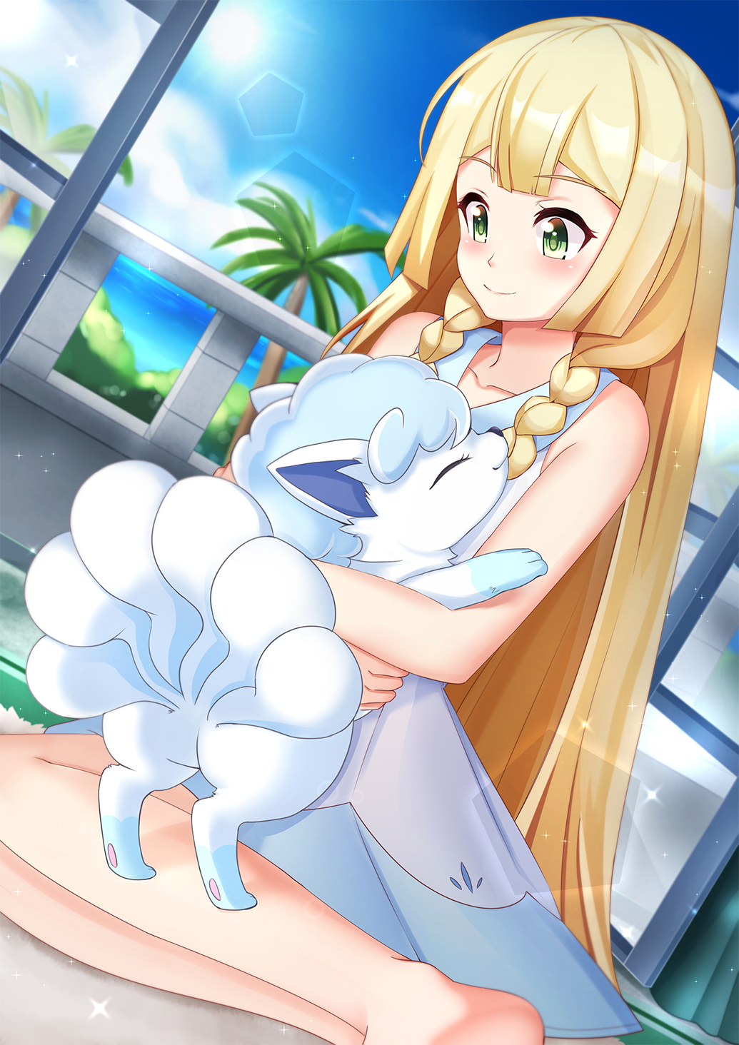 1girl, alolan_form, alolan_vulpix, blonde_hair, blue_sky, braid, closed_mouth, clouds