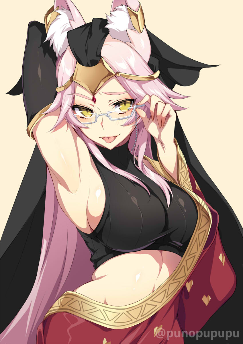 1girl, adjusting_eyewear, animal_ear_fluff, animal_ears, arm_behind_head, armpits, bangs, blush
