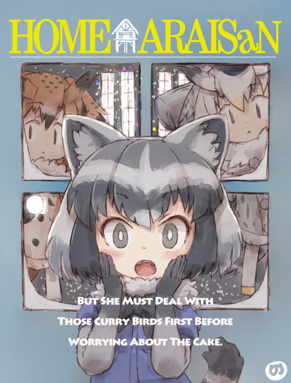3girls, :<, animal_ears, black_gloves, black_hair, brown_hair, commentary_request, common_raccoon_(kemono_friends), elbow_gloves, english_text, eurasian_eagle_owl_(kemono_friends), eyebrows_visible_through_hair, fangs, gloves, grey_hair, hands_on_own_face, highres, holding_flashlight, home_alone, kemono_friends, kolshica, looking_at_viewer, multiple_girls, northern_white-faced_owl_(kemono_friends), open_mouth, parody, raccoon_ears, raccoon_tail, short_hair, tail, upper_teeth