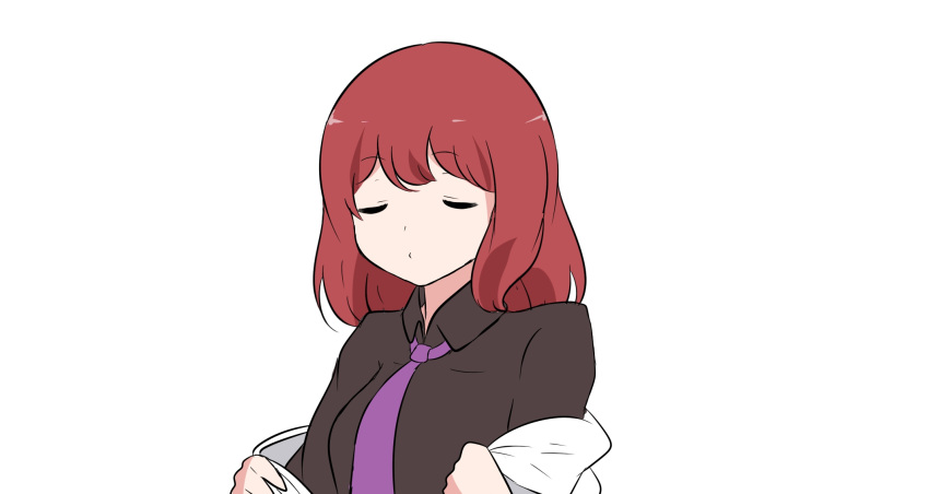 1girl, bangs, black_shirt, closed_eyes, coat, commentary, cosplay, eyebrows_visible_through_hair