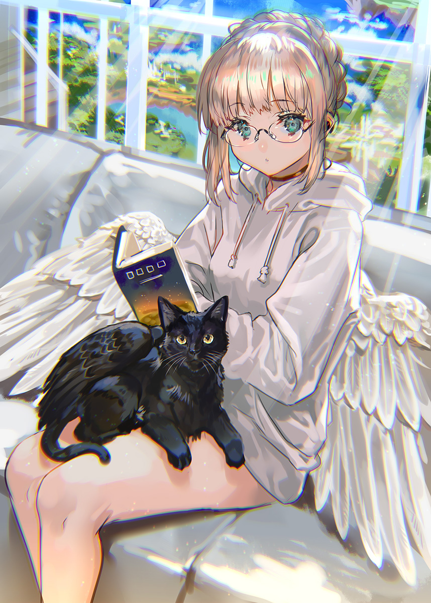 1girl, angel, angel_wings, bare_legs, black_cat, black_choker, blonde_hair, blue_sky
