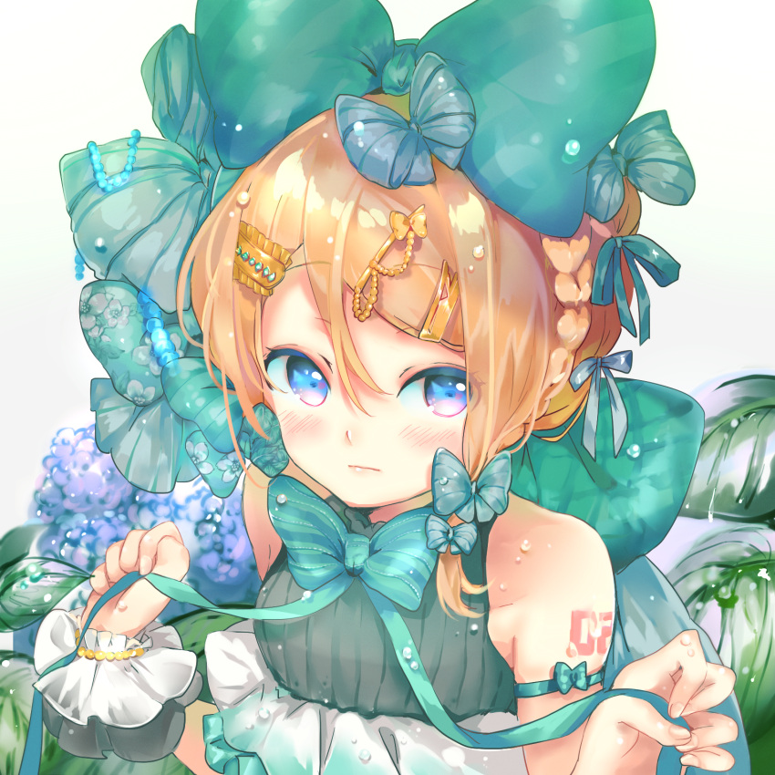 1girl, aqua_bow, aqua_neckwear, bare_shoulders, beads, blonde_hair, bow, bowtie