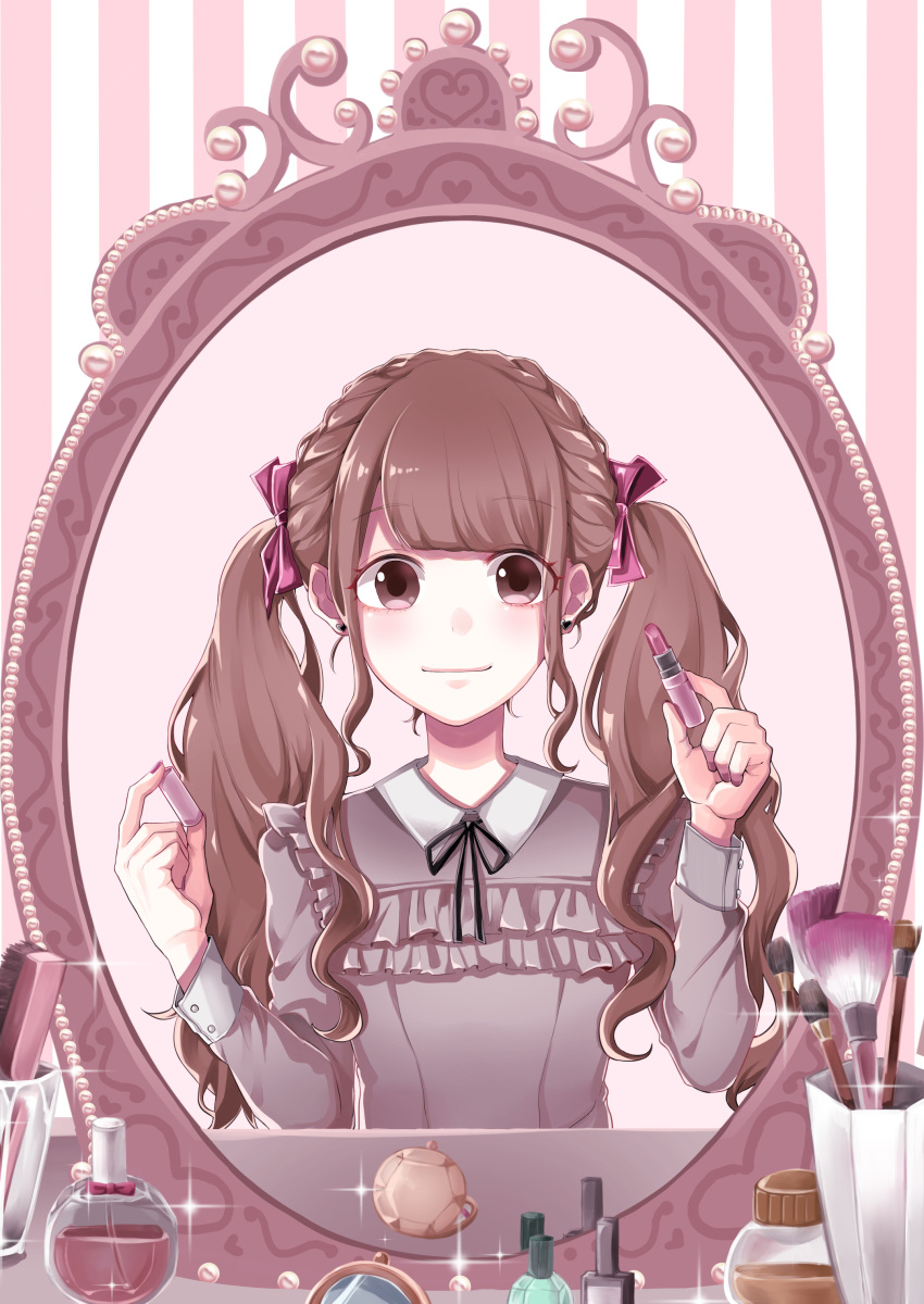 1girl, absurdres, bottle, bow, braid, brown_eyes, brown_hair, compact