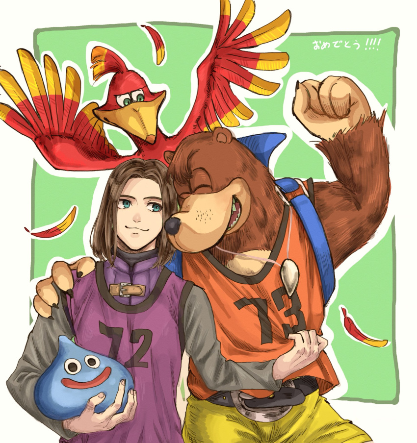 1girl, 2boys, animal, banjo-kazooie, banjo_(banjo-kazooie), bear, belt, bird