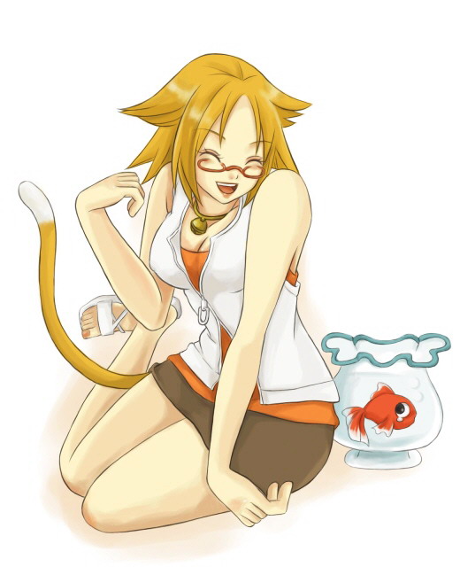 bell, breasts, cat_ears, cat_tail, catgirl, cleavage, fish, flipflops