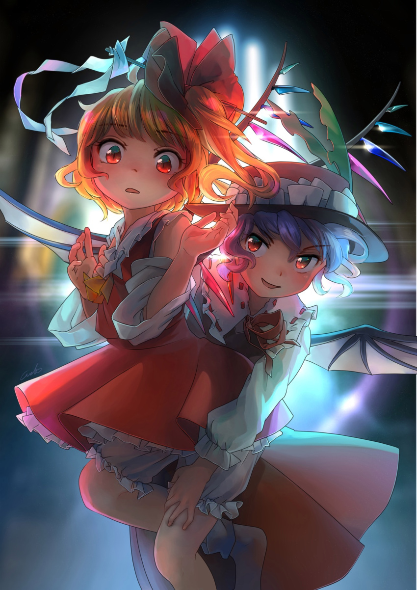 2girls, ascot, backlighting, bangs, bat_wings, blonde_hair, bloomers, blue_hair, blunt_bangs, commentary_request, cosplay, detached_sleeves, dolls_in_pseudo_paradise, dress, eyebrows_visible_through_hair, flandre_scarlet, frilled_dress, frills, gohei, hair_ornament, hair_stick, hakurei_reimu, hakurei_reimu_(cosplay), hands_up, hat, highres, jacket_girl_(dipp), jacket_girl_(dipp)_(cosplay), long_sleeves, looking_at_viewer, multiple_girls, parted_lips, puffy_long_sleeves, puffy_sleeves, red_dress, red_eyes, remilia_scarlet, ribbon-trimmed_collar, ribbon_trim, short_hair, side_ponytail, signature, smile, touhou, underwear, welt_(kinsei_koutenkyoku), wide_sleeves, wings, yellow_neckwear