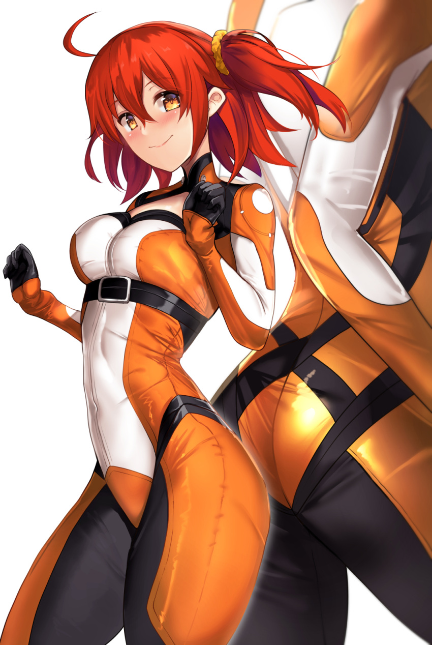 1girl, ahoge, ass, bangs, belt, blush, bodysuit, breasts