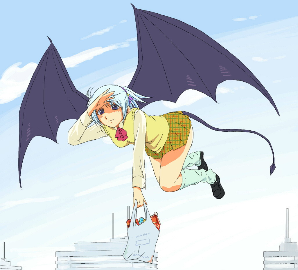 demon, food, kneehighs, kurono_kurumu, kuruno_kurumu, rosario+vampire, skirt, succubus
