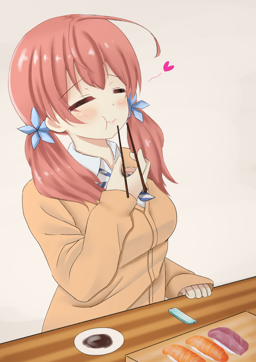 .live, 1girl, =_=, absurdres, ahoge, blush, breasts, chopsticks