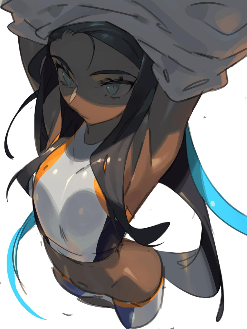 1girl, absurdres, amrkdrw, armpits, arms_up, bare_shoulders, black_hair, blue_eyes