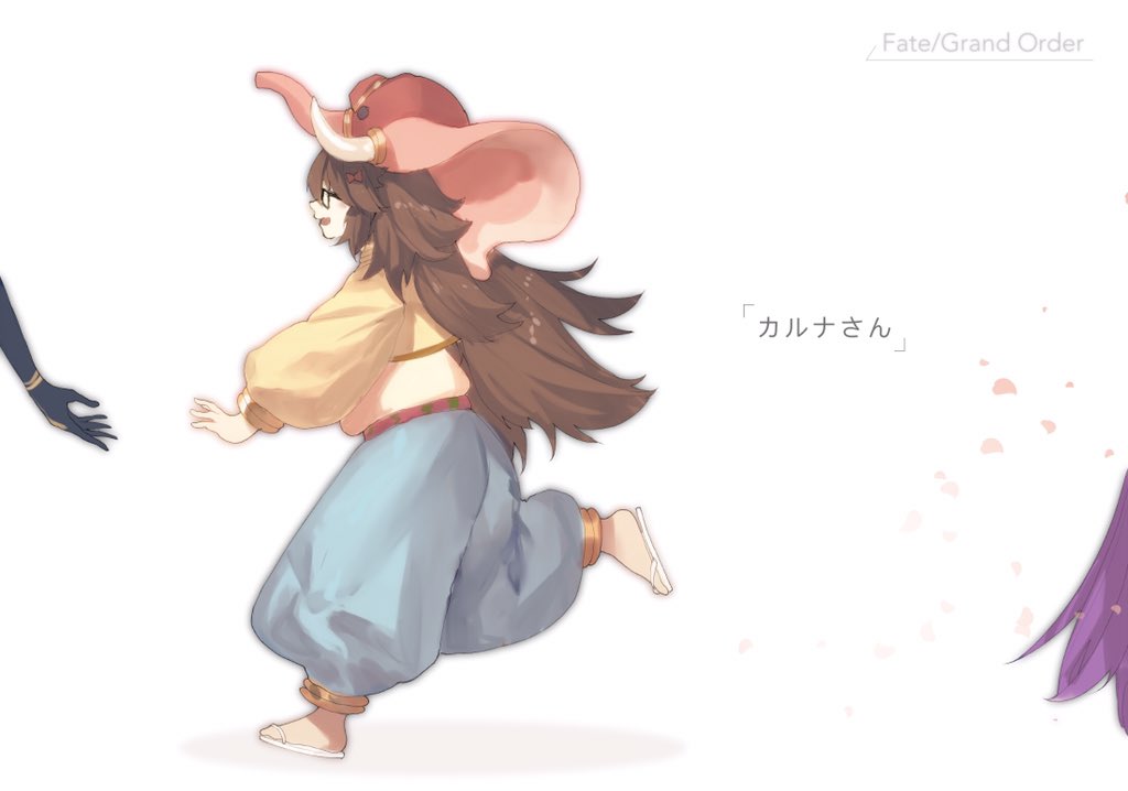 bb_(fate)_(all), bb_(fate/extra_ccc), bow, brown_hair, cherry_blossoms, copyright_name, elephant_costume, fat, fate/extra, fate/extra_ccc, fate/grand_order, fate_(series), glasses, great_statue_god, hair_bow, harem_pants, jinako_carigiri, karna_(fate), long_hair, midriff, pants, petals, purple_hair, sandals