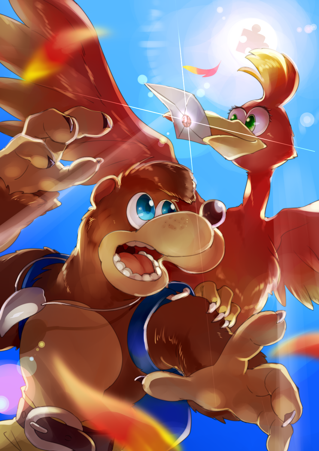 1boy, 1girl, animal, backpack, bag, banjo-kazooie, banjo_(banjo-kazooie), banjo_to_kazooie_no_daibouken
