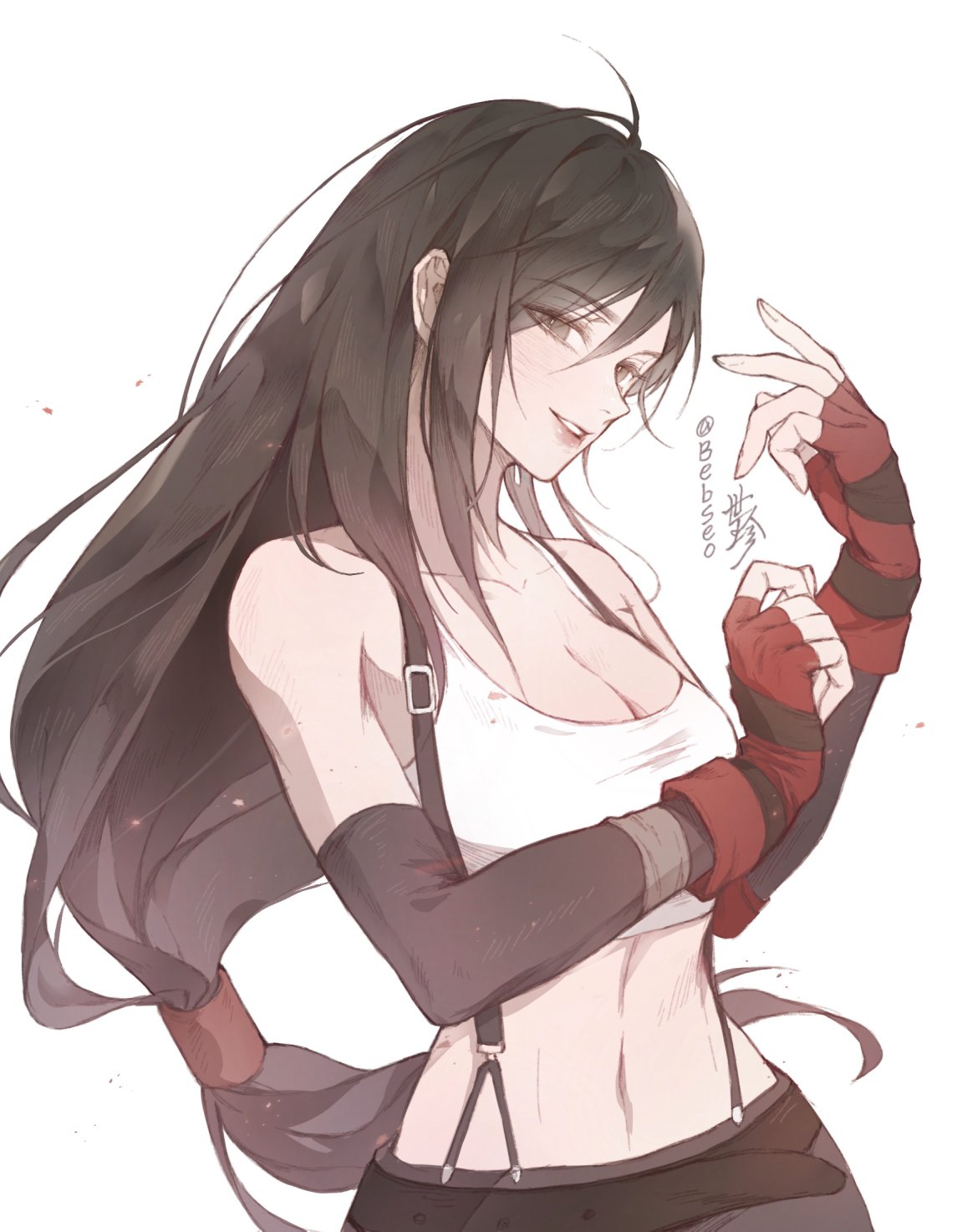 1girl, bebseo, black_skirt, breasts, earrings, elbow_gloves, elbow_pads, final_fantasy