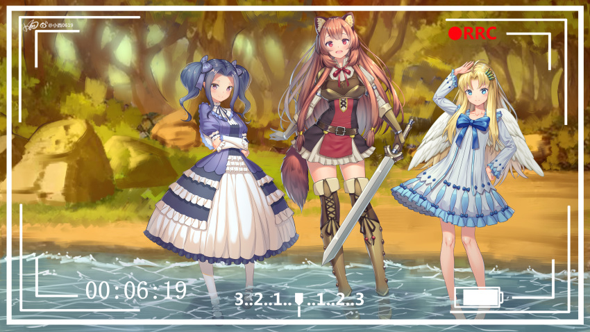 3girls, :d, absurdres, angel_wings, animal_ear_fluff, animal_ears, arm_up, arms_under_breasts
