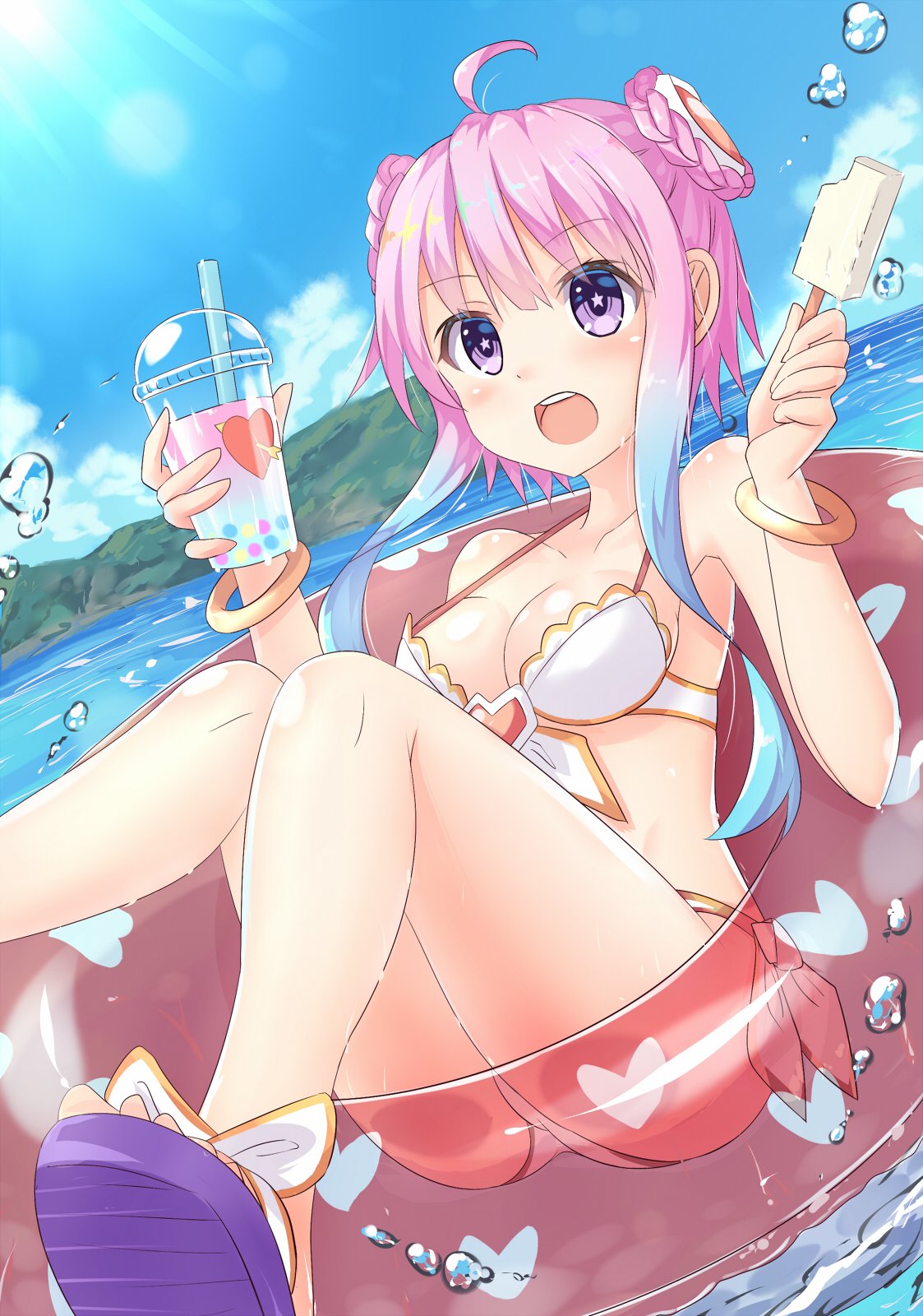 1girl, ahoge, bikini, blush, bracelet, breasts, compile_heart, eyebrows_visible_through_hair