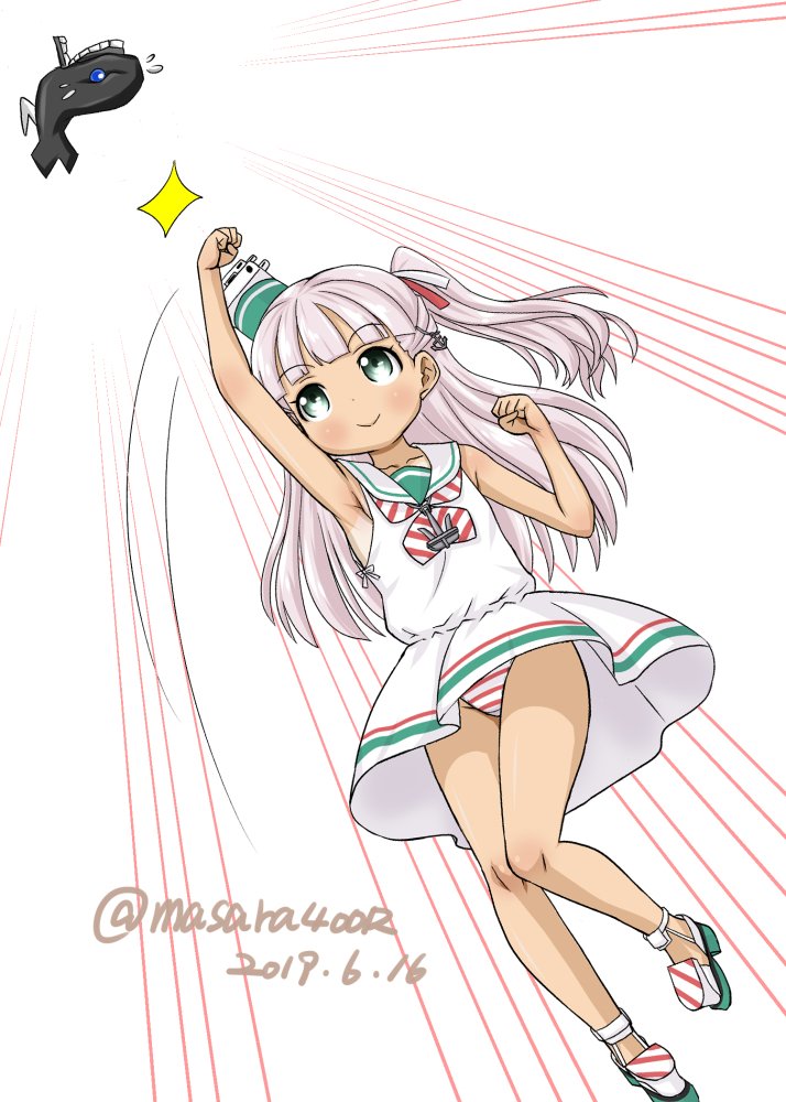 1girl, anchor_hair_ornament, anchor_necklace, bangs, blunt_bangs, commentary_request, dated, dress