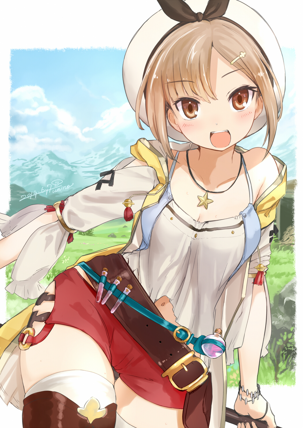 1girl, atelier_(series), atelier_ryza, bangs, belt, beret, blue_sky, blush, boots, breasts, brown_belt, brown_eyes, brown_footwear, brown_hair, collarbone, commentary_request, dated, day, eyebrows_visible_through_hair, flask, hair_ornament, hairclip, hat, highres, holding, holding_staff, hood, hood_down, hooded_jacket, jacket, jewelry, leather, leather_belt, leather_boots, looking_at_viewer, mountain, necklace, open_mouth, outdoors, pouch, red_shorts, reisalin_stout, round-bottom_flask, shirt, short_shorts, shorts, signature, sky, sleeveless, sleeveless_jacket, solo, staff, standing, star, star_necklace, thigh-highs, thigh_boots, thigh_gap, thighhighs_under_boots, thighs, umino_atari, white_headwear, white_legwear, white_shirt, wristband, yellow_jacket