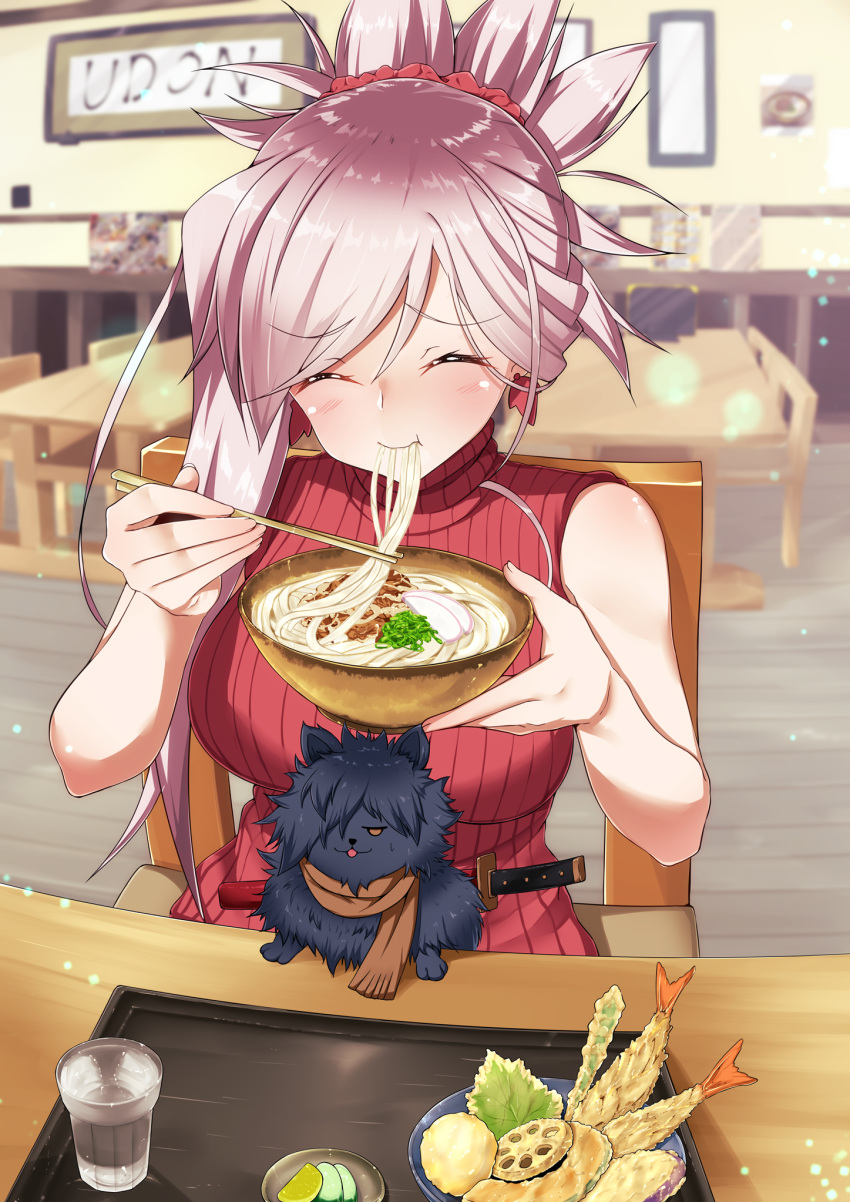 1girl, animal, animalization, asymmetrical_hair, black_hair, bowl, breasts, casual
