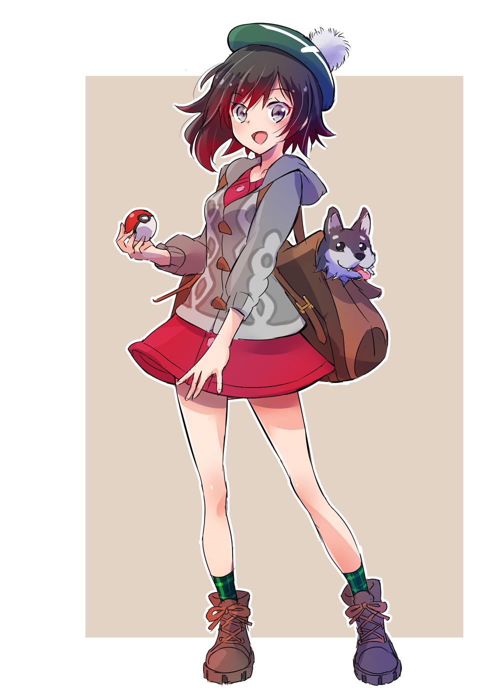 1girl, backpack, bag, black_hair, boots, brown_footwear, cardigan, commentary_request