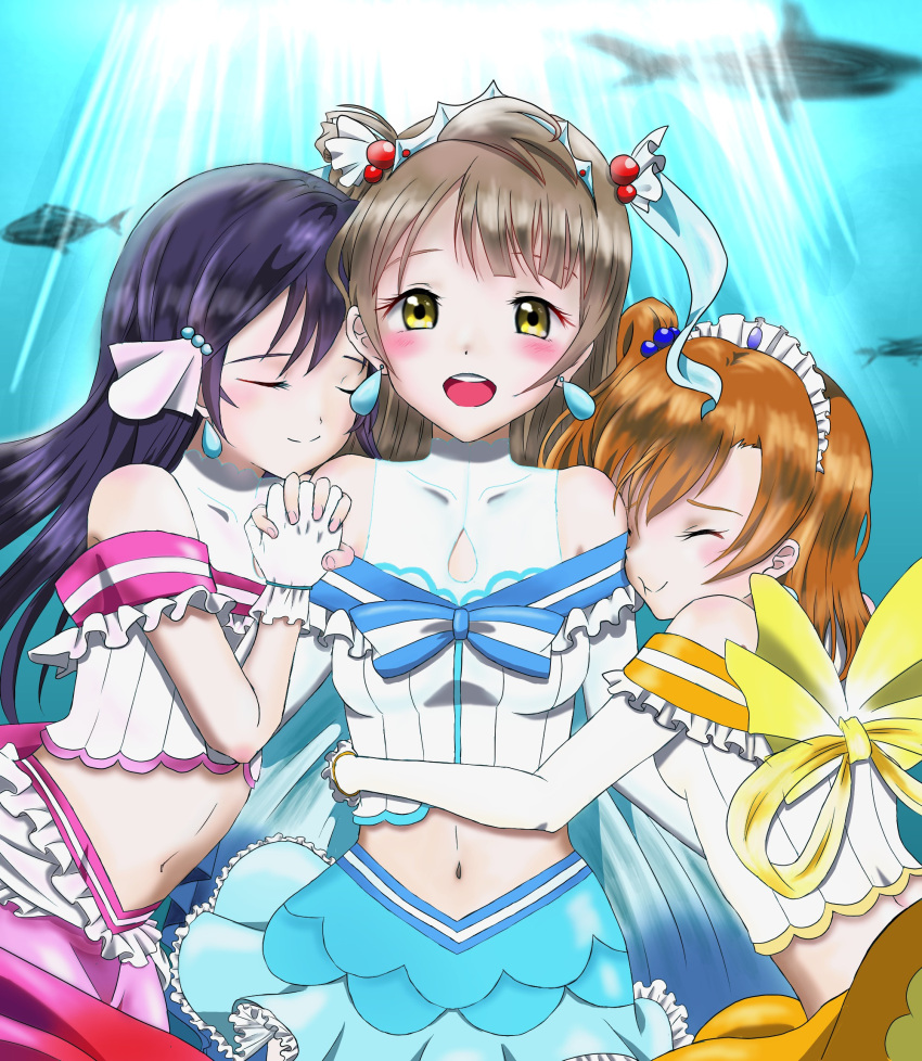 3girls, blue_hair, closed_eyes, cosplay, fish, grey_hair, hair_between_eyes, hair_ornament