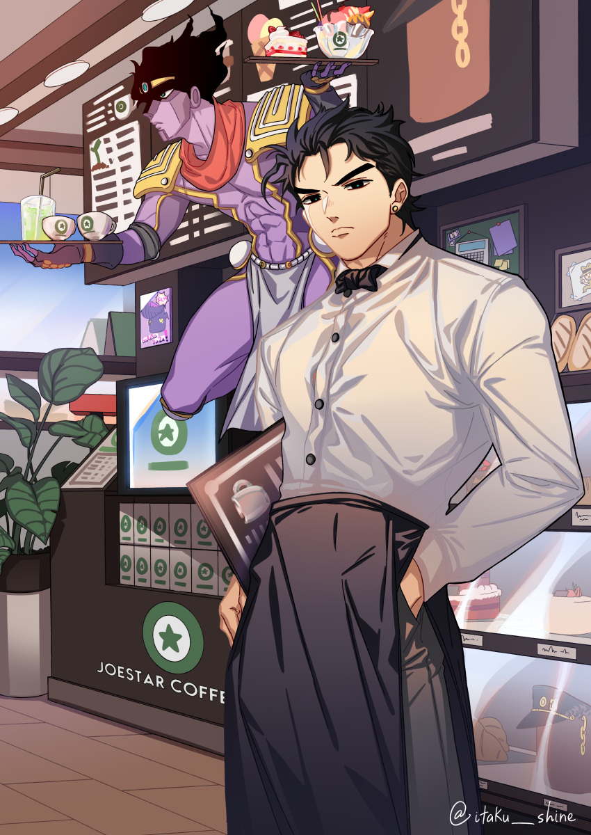 1boy, abs, absurdres, barista, bow, bowtie, cake, ceiling