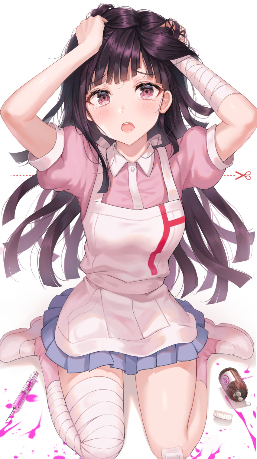 1girl, absurdres, apron, arms_up, bandaged_arm, bandaged_leg, bandages, bangs