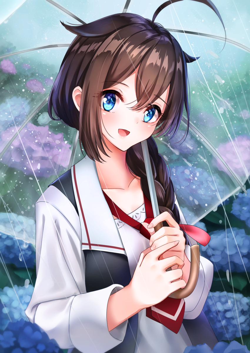 1girl, :d, absurdres, ahoge, black_vest, blue_eyes, braid, brown_hair