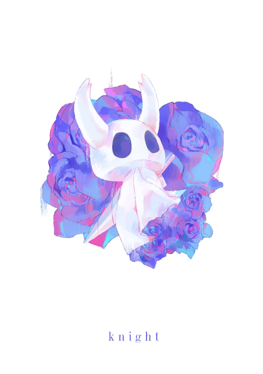 1other, absurdres, blade, blue_flower, blue_rose, bug, character_name, cloak, flower, fortisselle, highres, hollow_eyes, hollow_knight, knight_(hollow_knight), rose, solo, white_background