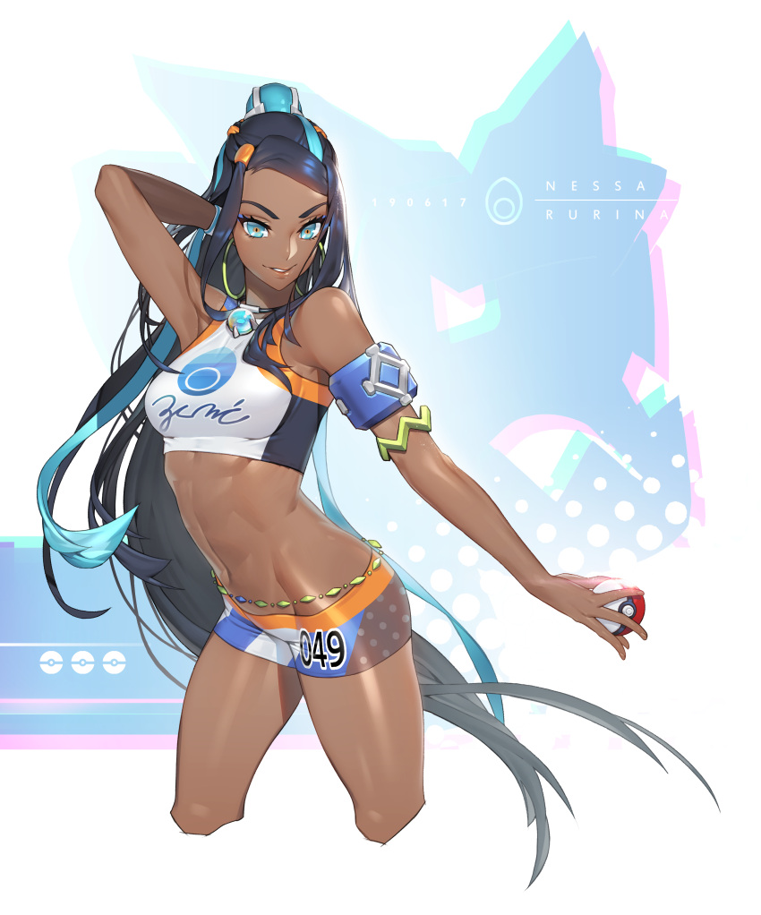 1girl, absurdres, arm_behind_head, armlet, armpit_crease, armpits, bare_shoulders, black_hair, blue_eyes, blue_hair, breasts, crop_top, cropped_legs, dark_skin, earrings, gloves, hair_ornament, half-closed_eyes, highres, hoop_earrings, jewelry, jukebox_(hsy7582), long_hair, midriff, multicolored_hair, navel, necklace, poke_ball, pokemon, pokemon_(game), pokemon_swsh, rurina_(pokemon), shorts, single_glove, smile, solo, sportswear, two-tone_hair