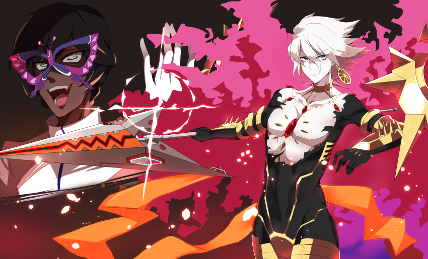 2boys, absurdres, aqua_eyes, arjuna_(fate/grand_order), black_hair, busou_renkin, chest_jewel, collar