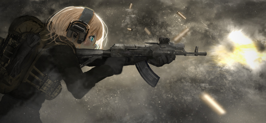 1girl, ak-47, assault_rifle, backpack, bag, blonde_hair, blue_eyes, commentary