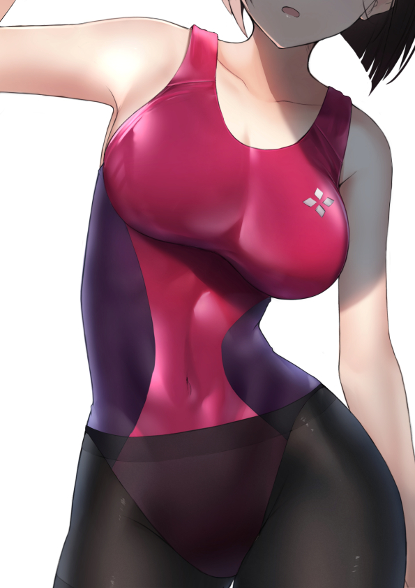 1girl, black_legwear, breasts, brown_hair, collarbone, competition_swimsuit, contrapposto, cowboy_shot