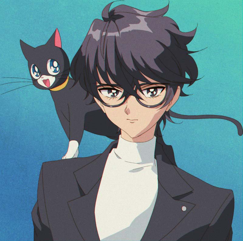 1992, 1boy, 90s, amamiya_ren, atlus, bishoujo_senshi_sailor_moon, black_eyes, black_hair, blazer, blue_background, blue_eyes, cat, collar, glasses, jacket, megami_tensei, mizu_cx, morgana, morgana_(persona_5), nintendo, parody, persona, persona_5, playstation, school_uniform, short_hair, super_smash_bros., takeuchi_naoko_(style)