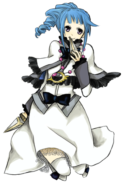 ange_serena, blue_hair, buzz, dress, drill_hair, kunai, purple_eyes, skirt