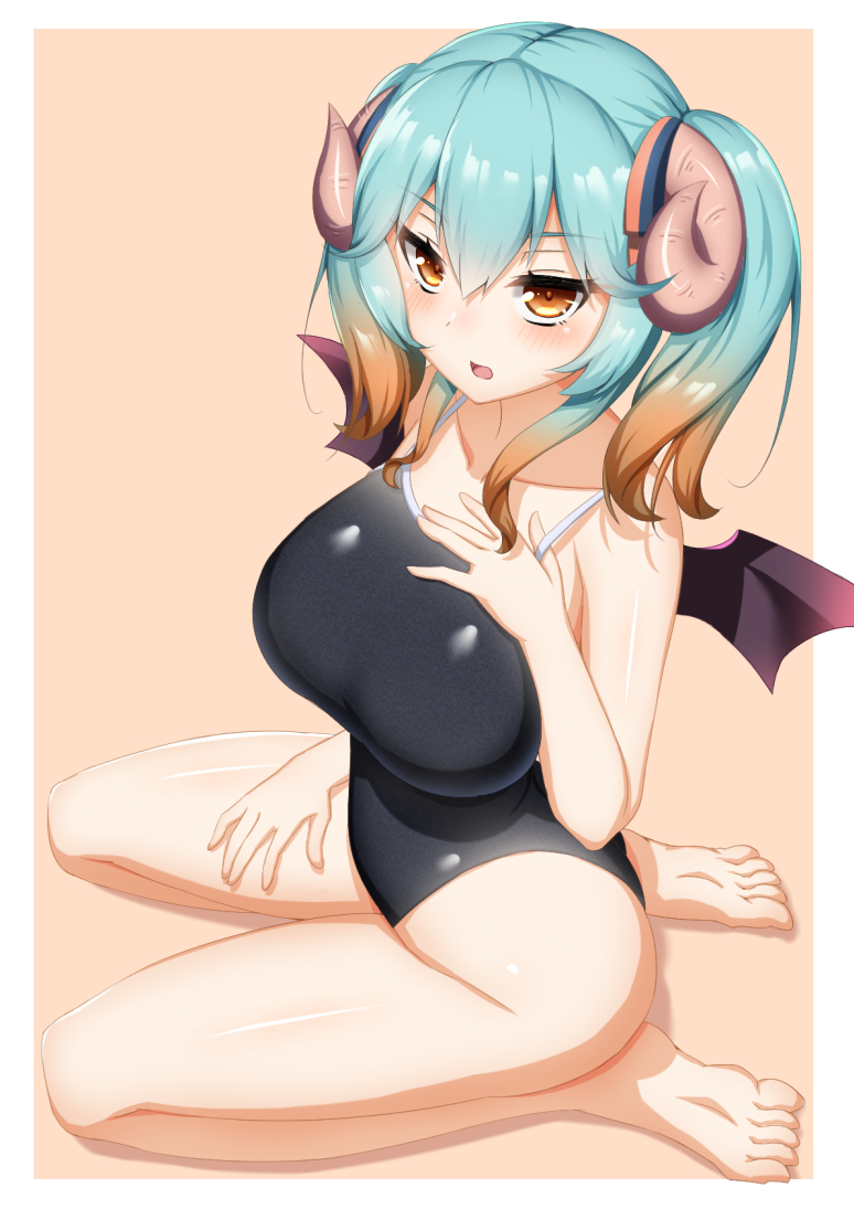 1girl, bangs, barefoot, bat_wings, black_swimsuit, blue_hair, blush, breasts