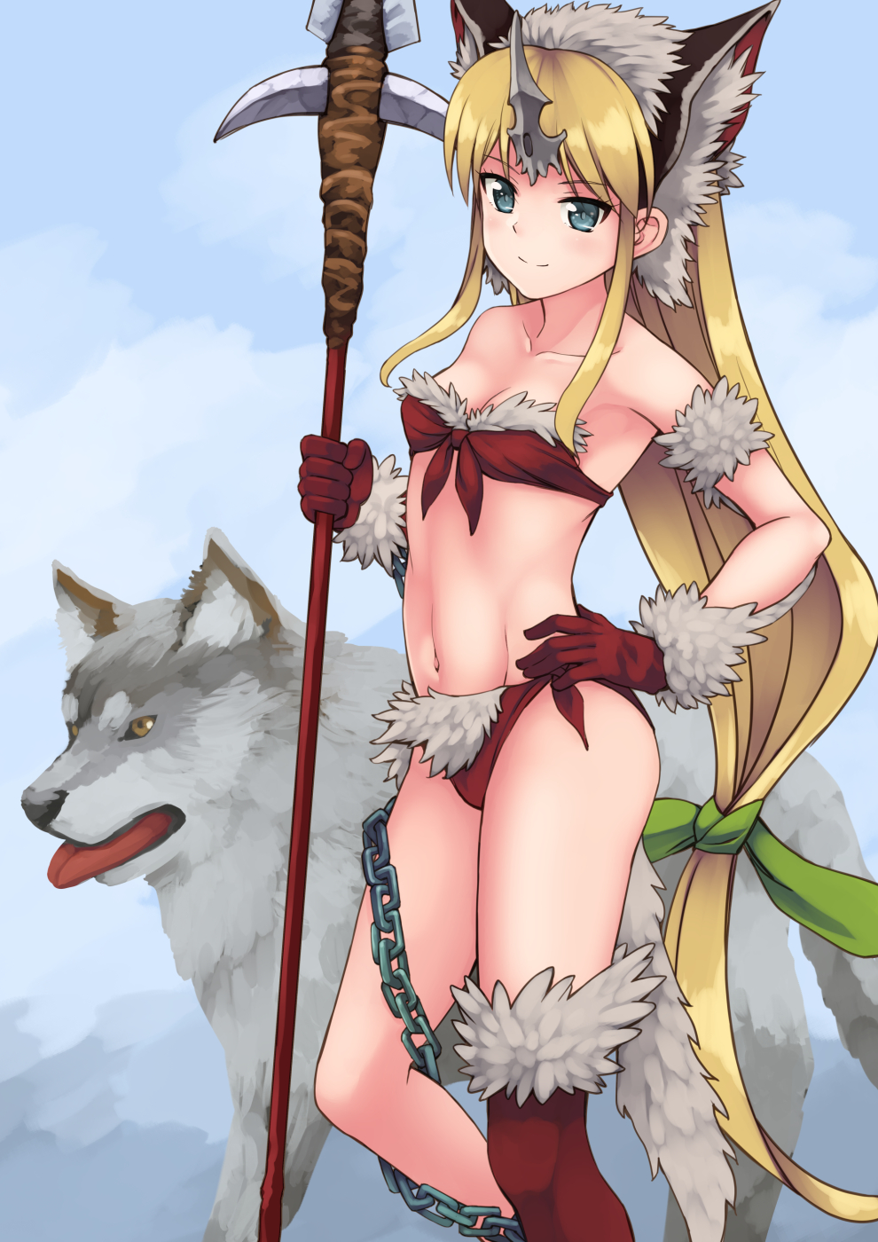 1girl, animal_ears, bangs, bikini, blonde_hair, blue_eyes, breasts, chain