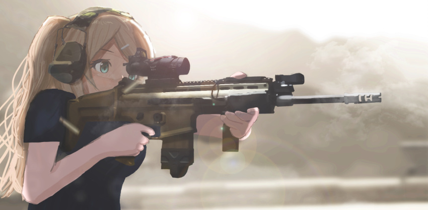 1boy, aiming, assault_rifle, blonde_hair, blurry, blurry_background, commentary, fn_scar