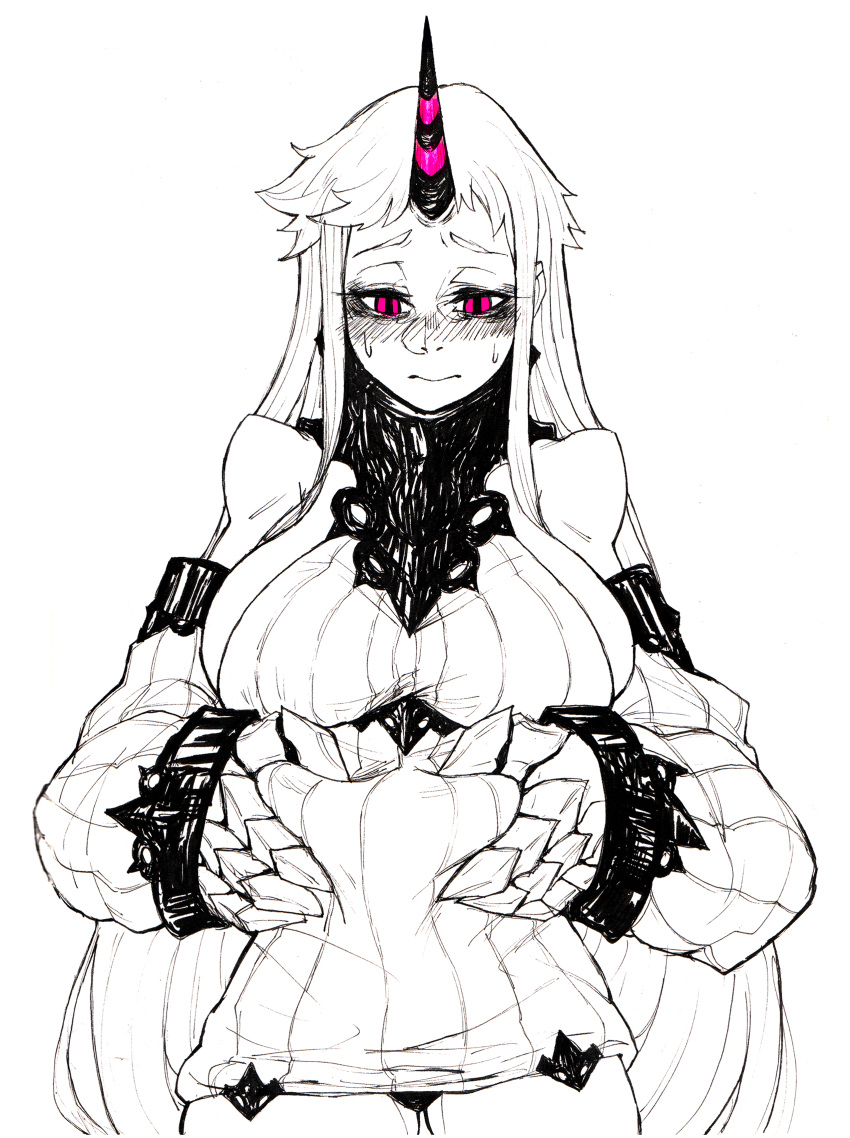 absurdres, belly, belly_grab, breasts, claws, cowboy_shot, detached_sleeves, dress