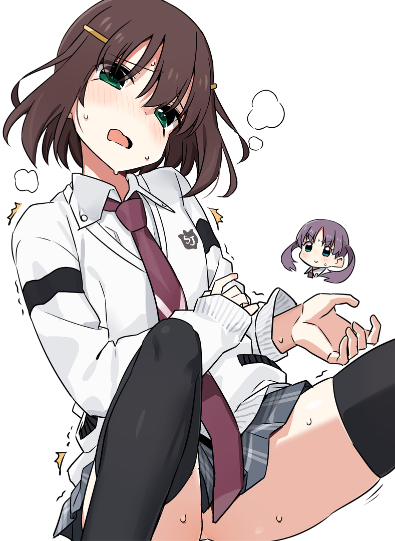 /\/\/\, 2girls, arm_grab, bangs, black_legwear, blue_eyes, blush, brown_hair, brown_neckwear, cardigan_vest, closed_mouth, cropped_torso, dress_shirt, emblem, eyebrows_visible_through_hair, frown, green_eyes, grey_skirt, hair_ornament, hair_tie, hairclip, hanada_kirame, head_tilt, long_sleeves, looking_at_viewer, miniskirt, multiple_girls, necktie, open_mouth, plaid, plaid_skirt, pleated_skirt, print_neckwear, purple_hair, saki, saki_achiga-hen, school_uniform, shindouji_school_uniform, shirt, shisoneri, short_hair, simple_background, sitting, skindentation, skirt, smile, solo_focus, steam, sweat, sweatdrop, sweater, thigh-highs, thighs, tree, tsuruta_himeko, twintails, wavy_mouth, white_background, white_shirt, white_sweater, wing_collar