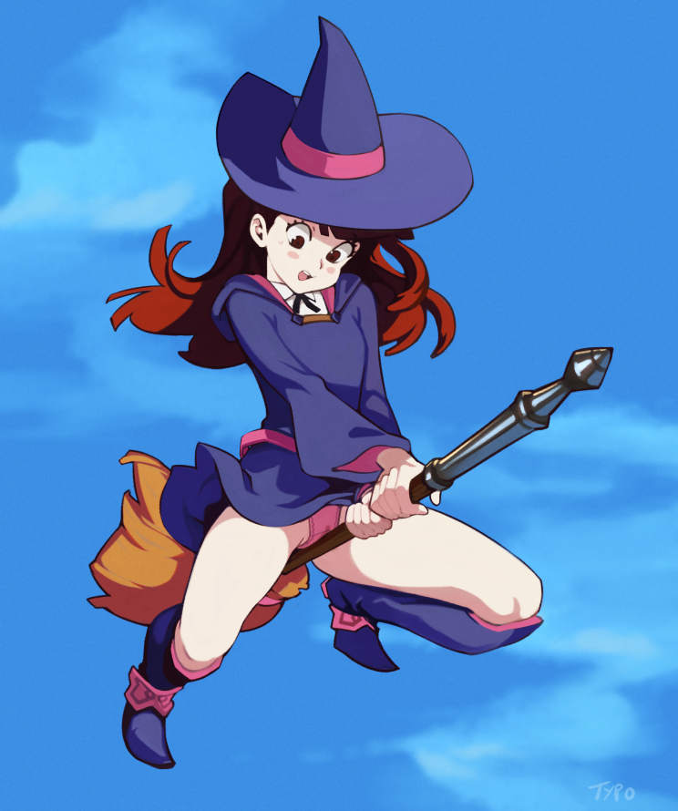 1girl, bangs, blue_sky, blush_stickers, boots, broom, broom_riding, brown_eyes, brown_hair, clouds, flying, hat, hood, hood_down, kagari_atsuko, knee_boots, little_witch_academia, long_hair, long_sleeves, looking_down, luna_nova_school_uniform, open_mouth, outdoors, panties, pink_panties, purple_footwear, purple_headwear, school_uniform, sky, solo, tareme, typo_(requiemdusk), underwear, wind, witch, witch_hat
