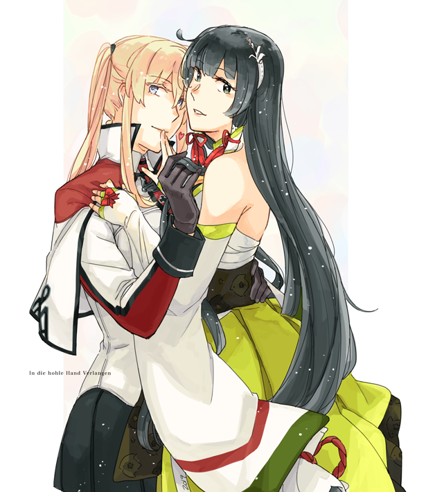 2girls, black_gloves, black_hair, blonde_hair, border, bridal_gauntlets, capelet, celtic_knot, commentary, cross, detached_sleeves, dress, furisode, gloves, graf_zeppelin_(kantai_collection), green_dress, green_eyes, grey_eyes, hair_between_eyes, hair_ribbon, hair_tubes, hakama, heart, hug, iron_cross, jacket, japanese_clothes, kantai_collection, kimono, letterboxed, long_hair, low-tied_long_hair, miko, military, military_uniform, miniskirt, mizuho_(kantai_collection), multicolored, multicolored_background, multiple_girls, necktie, obi, ribbon, sash, sidelocks, skirt, tsurime, twintails, uniform, very_long_hair, weidashming, white_border, yuri