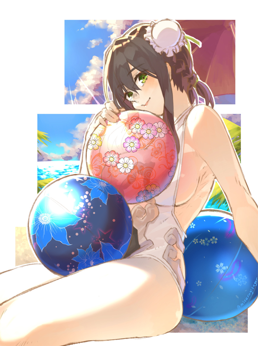 1girl, absurdres, ball, beachball, black_hair, blue_sky, blush, border